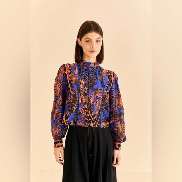FARM Rio Tops - [NWT] $165 FARM RIO Tropical Gold Blue Pleated Long Sleeve Blouse. Size Small